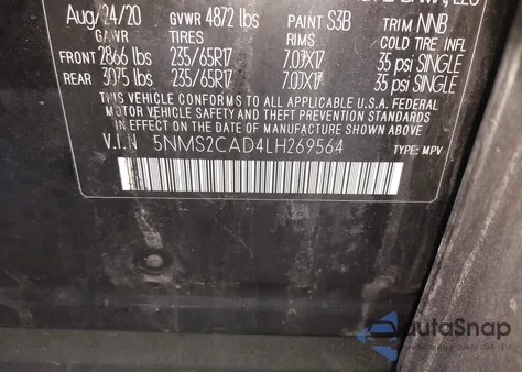 2020 Hyundai Santa Fe Se z USA, uszkodzony, nr VIN 5NMS2CAD4LH269564